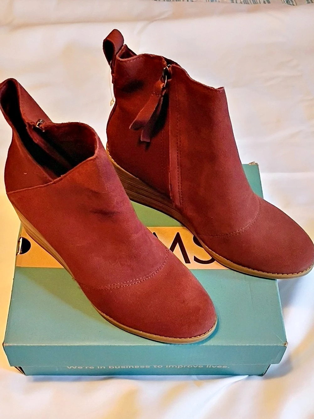 TOMS Maude Suede Booties Brown Wedge Ankle Boots